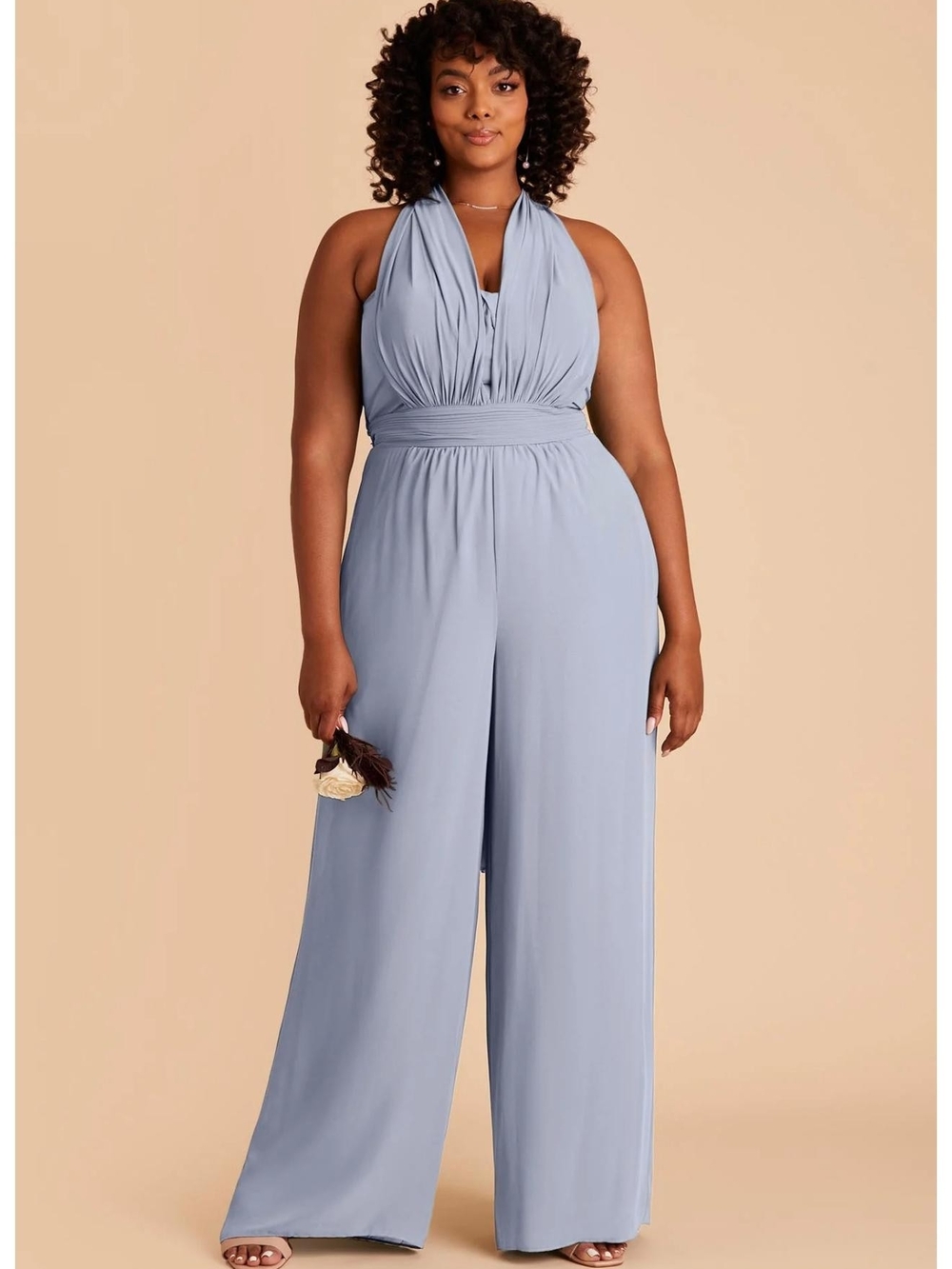 Plus Size Slate Blue Halter Wide-Leg Jumpsuit